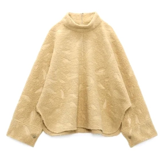 Zara Women’s Medium Teddy Cape Sleeve Poncho Top Tan Pressed Feather - Picture 1 of 12